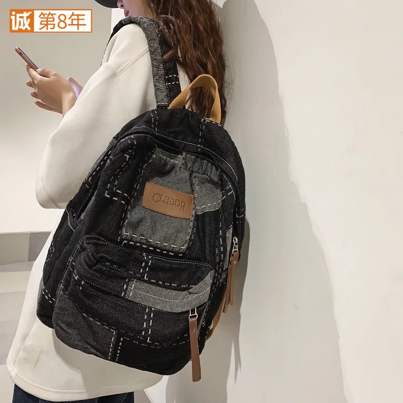 Fashion Canvas Women Backpack Denim Patch Laptop Backpack Men Female College School Bags Large Capacity Travel Shoulder Bag