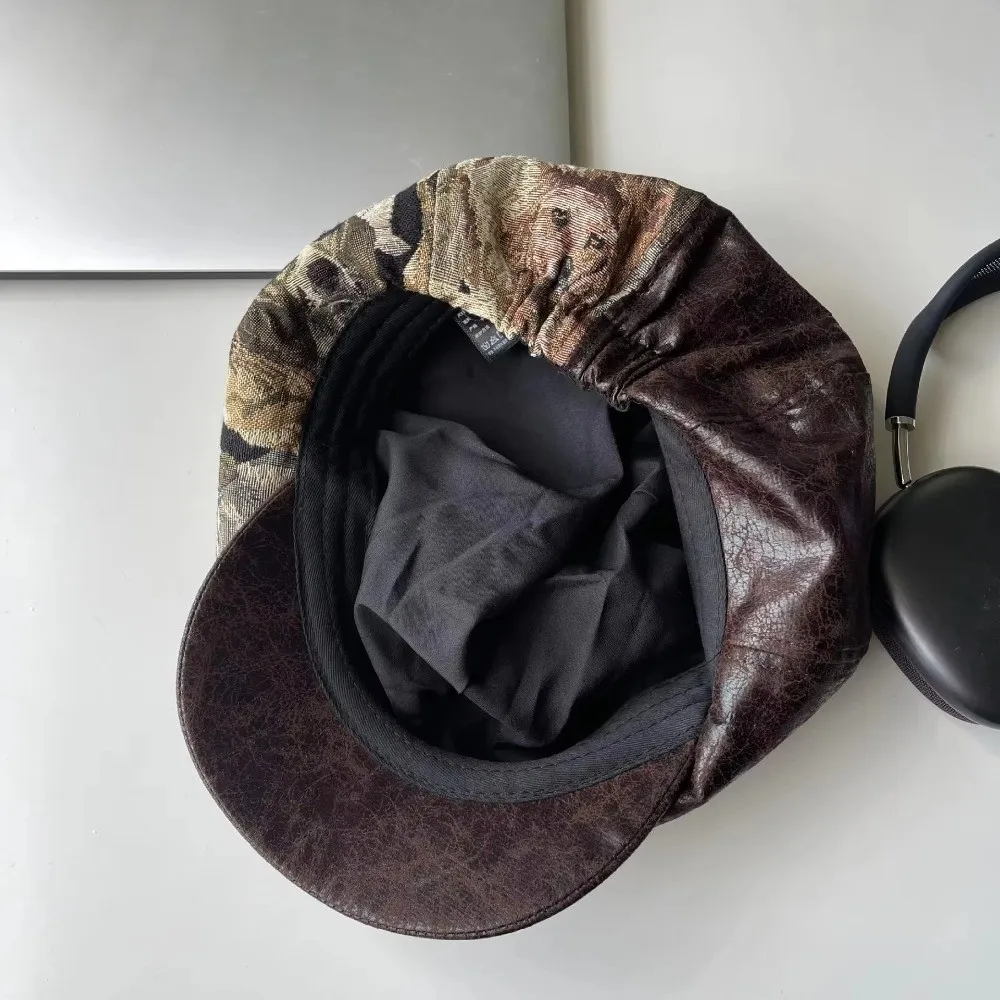 Casual Corduroy Retro Beret Puppy Patchwork Jacquard Newsboy Cap Short-Brimmed Octagonal Cap 2