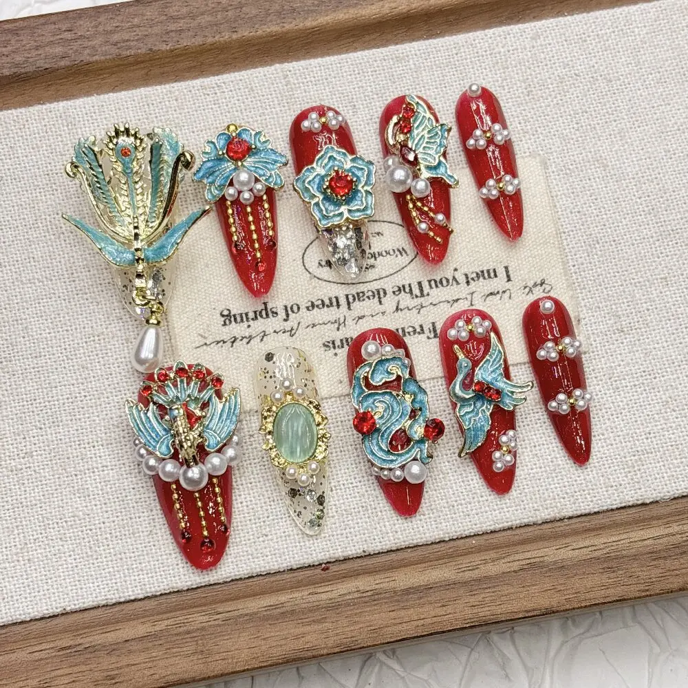 Novo estilo chinês phoenix peônia tribunal imprensa em unhas flexível acrílico 3d esmalte pérola borla ideal para hanfu cheongsam tradição