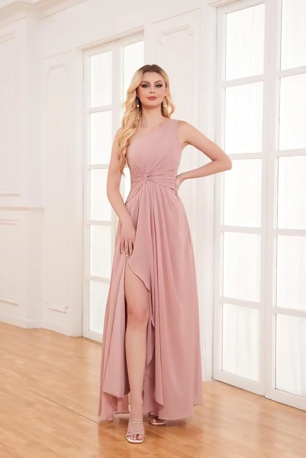 Ein Schulter Chiffon Brautjungfer kleider mit Schlitz Rüschen A-Linie lange formelle Abendkleid Frauen Kleid Party Abschluss ball Sommer