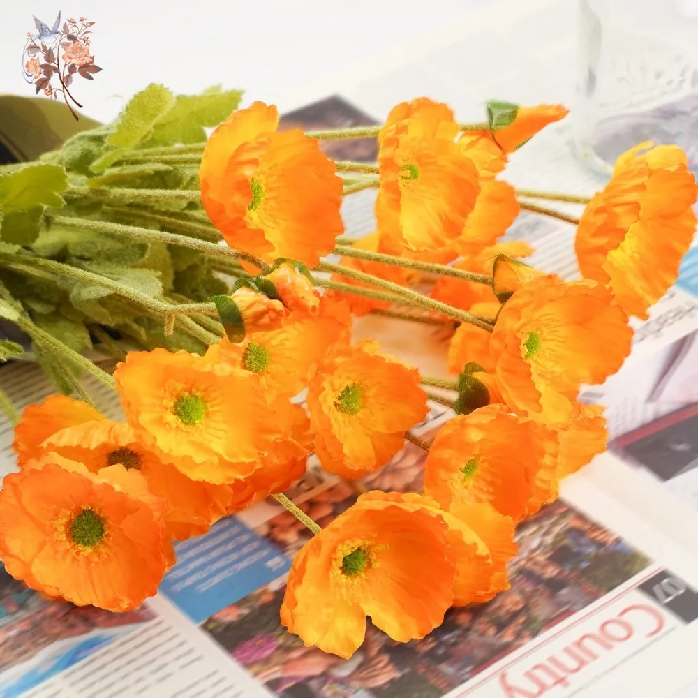 

5Pcs Faux Poppy Flowers Artificial Poppies Silk Wedding Bridal Bouquets Long Stems Papaver Rhoeas Home Garden Table Decoration
