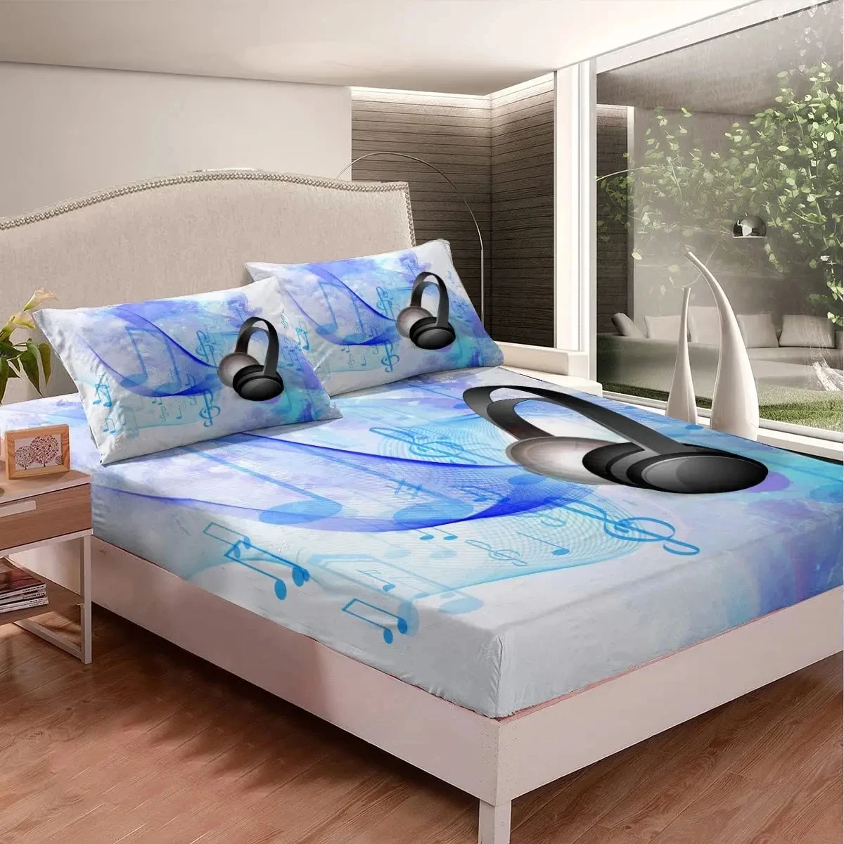 Music Headphone Fitted Sheet Twin Boys Musical Notes Bedding Set Kids Girls Teens Video Headset Bed Cover with Two Pillow Cases