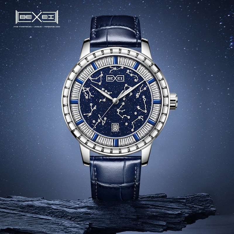 BEXEI 9192 Date display mechanical Automatic Movement 36 Zircon Bezel astronomical star map theme Man watch sapphire  Business