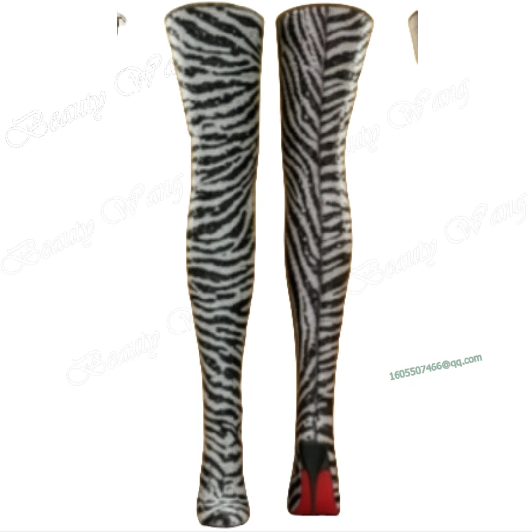 

Белые, черные сапоги до бедра в полоску зебры с острым носком и перекрестной завязкой выше колена, женская обувь на тонком высоком каблуке, Zapatos Para Mujere