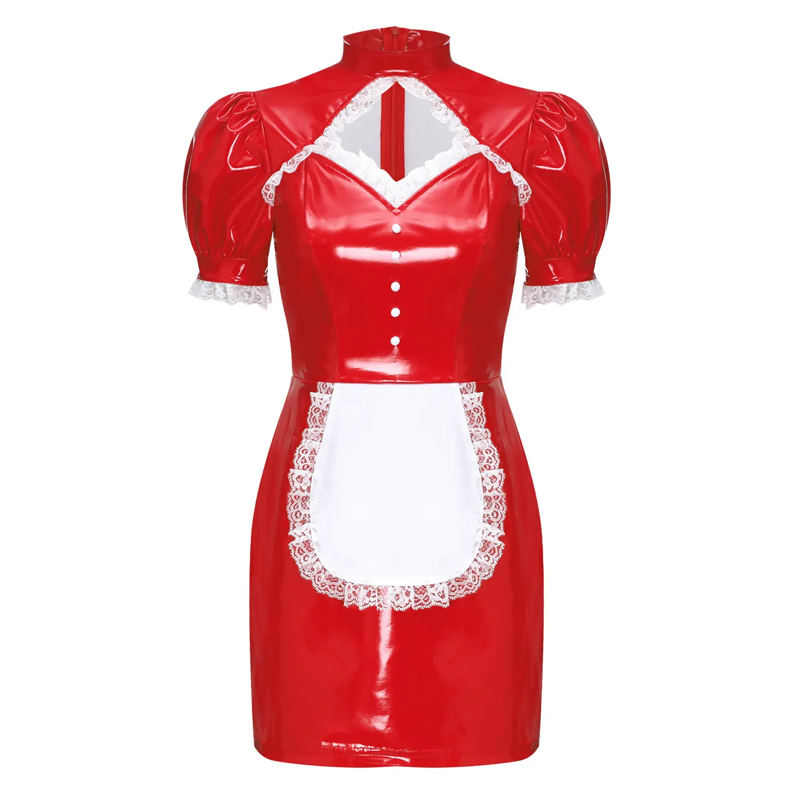 Women Halloween Maid Uniform Glossy PU Lace Trim Apron Bodycon Dress with Detachable Bow Carnival Theme Party Cosplay Costume