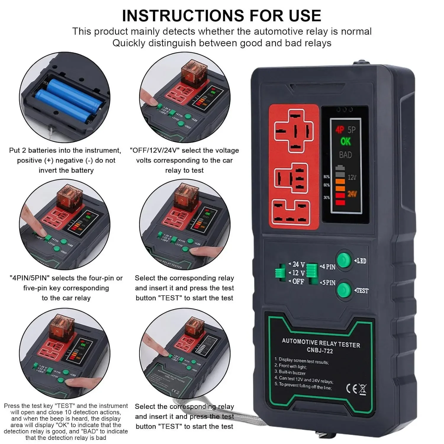 Car Relay Tester 12V 24V Electronic Automotive-Universal Motorcycles Battery Checker Alternator-Analyzer Diagnostic Tool