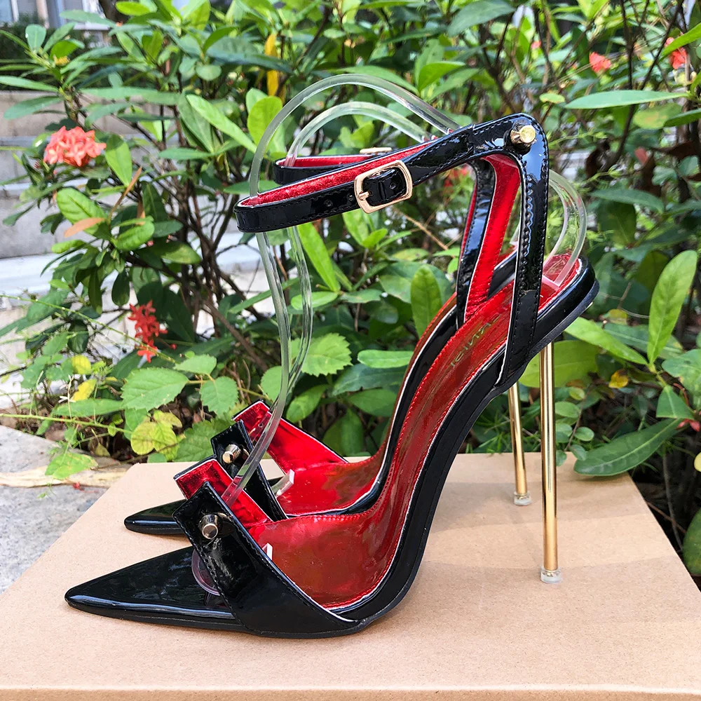 Women 12cm High Heels Sexy Pointy Toe Stilettos Pumps Black Ankle Strap Sandals Fetish Club Party Man Crossdresser Unisex Shoes