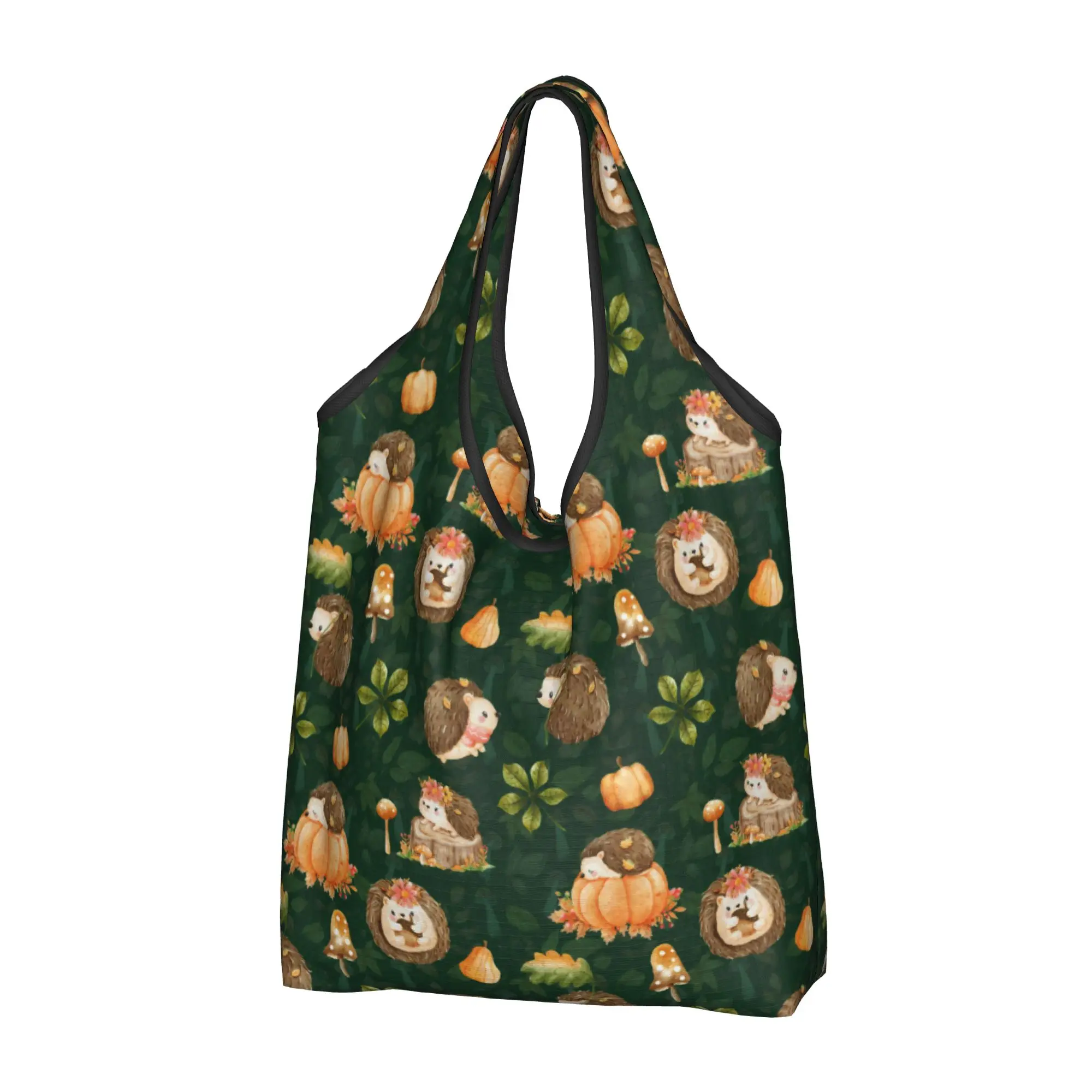 Hedgehog Furze Pig  Groceries Shopping Bag Cute Shopper Tote Shoulder Bag Large Capacity Autumn Leaves And Pumpkins Handbag