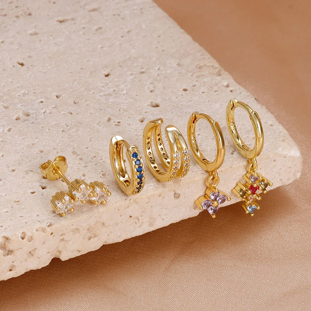 5PCS Stainless Steel Zircon Hoop Earrings Set Simple Versatile Daily Wear Everyday Ear Accessories Young Girl Statement Jewelry