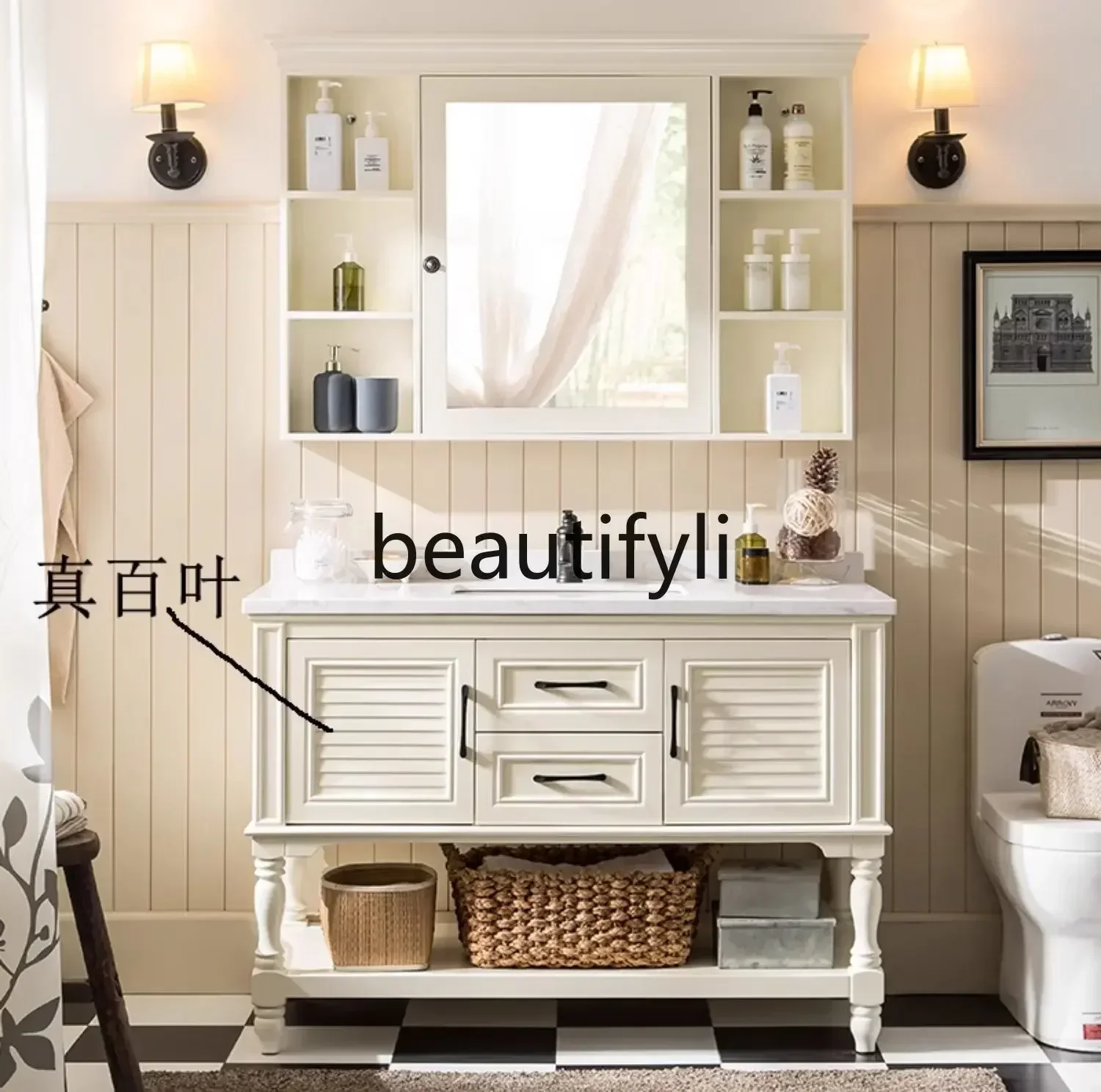 

yj9 American cream style bathroom cabinet combination solid wood floor-to-ceiling ceramic integrated hand basin washbasin