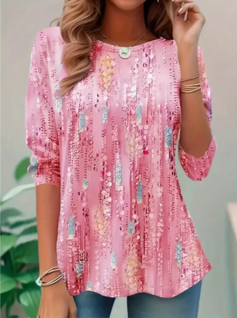 

Футболка женская с круглым вырезом, Модный повседневный топ с рукавом три четверти, с принтом, большие размеры 1XL-5XL, весна-лето