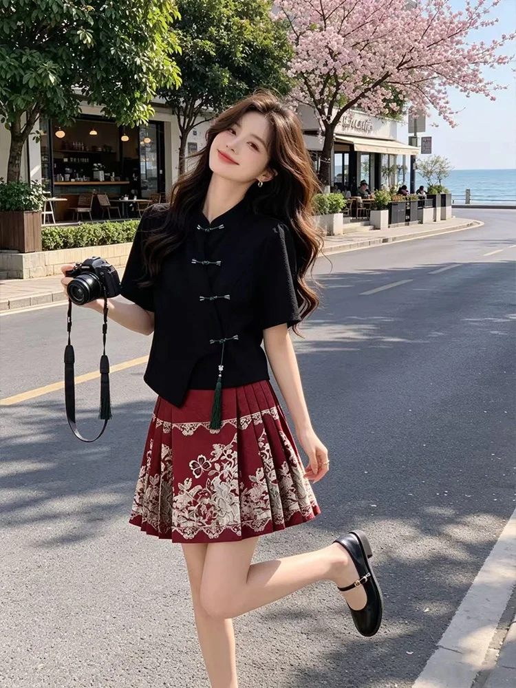 Large Size New Chinese Style Hanfu Set Women's Summer Button Top Short Sleeve Youthful Slimming Ancient Costume Two Piece Set