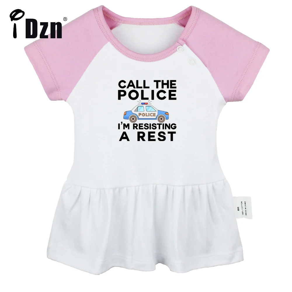 iDzn Summer NEW Call The Police I'm Resisting A Rest Baby Girls Cute Short Sleeve Dress Infant Pleated Dress Soft Cotton Dresses