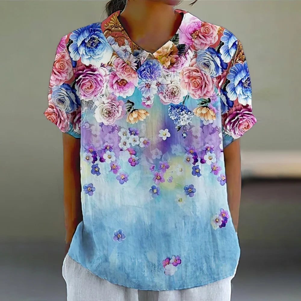 Женская рубашка поло с короткими рукавами и цветочным принтом в стиле пэчворк, летний уличный пуловер, модная женская одежда больших размеров