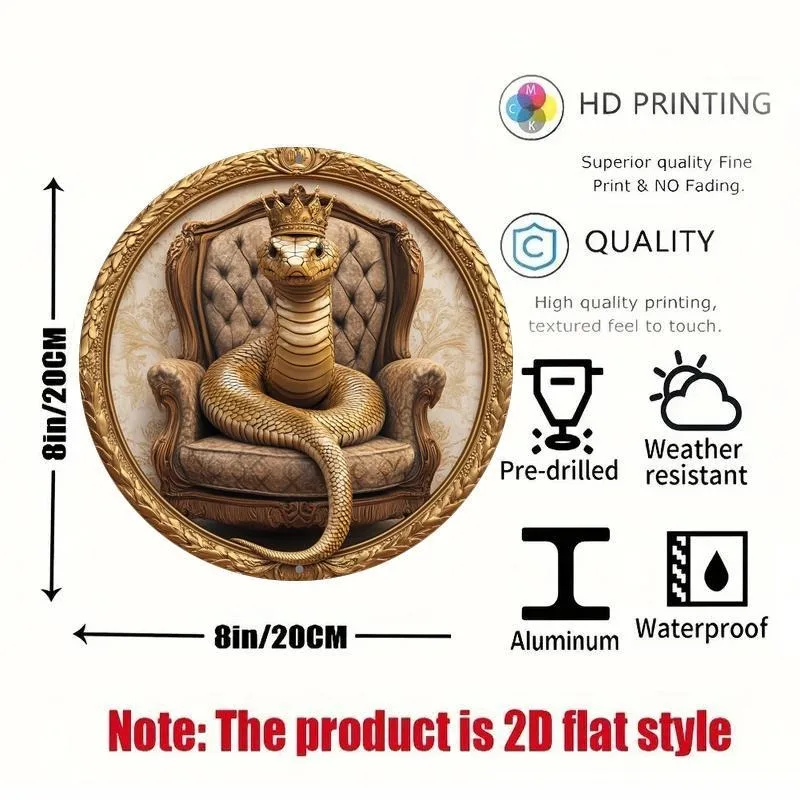 Round Metal Aluminum Sign, 2D Snake on Throne Design, Artistic Wall Decor for Home, Office, Party, Christmas, Holiday Gift