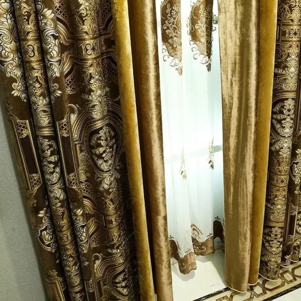 Golden yellow luxury thickened jacquard embossed blackout velvet blackout curtain Curtains for Living dining room bedroom