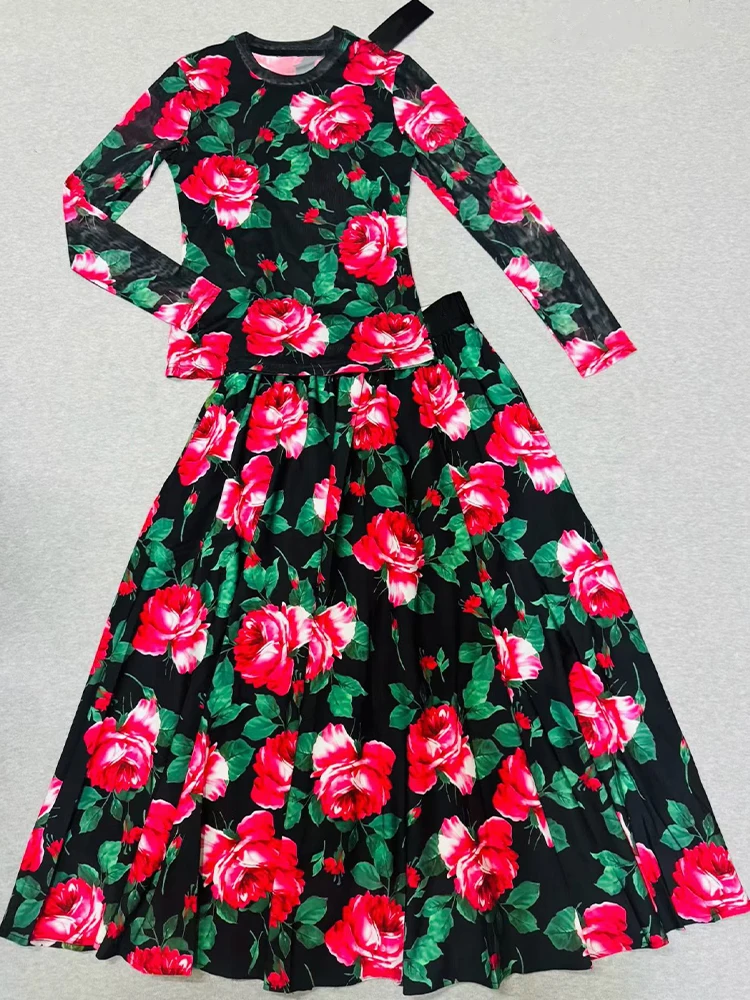 

Осень 20%, женский новый тонкий топ с цветочным принтом и круглым вырезом, длинными рукавами + свободная юбка с высокой талией, модный костюм-двойка