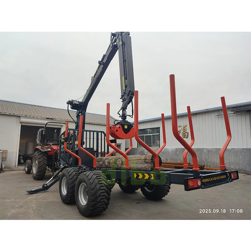 Log Trailer with Crane Grapple, Self Loading 4 Wheel Timber Transport Trailer for Farm and Private Forest Wood Hauling