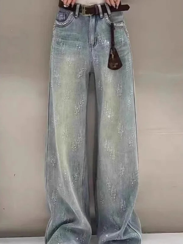 

High Waist Wide Leg Denim Jeans Women's Spring Summer 2025 New Slimming High Heel Embellied Straight Leg Jeans