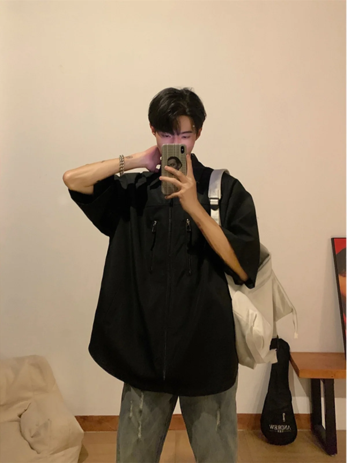 

American Sle Loose Fit ort Sve Bla irt Men's Summer Thin Sun Protection irt Youth Trendy Polyester Fiber 00%