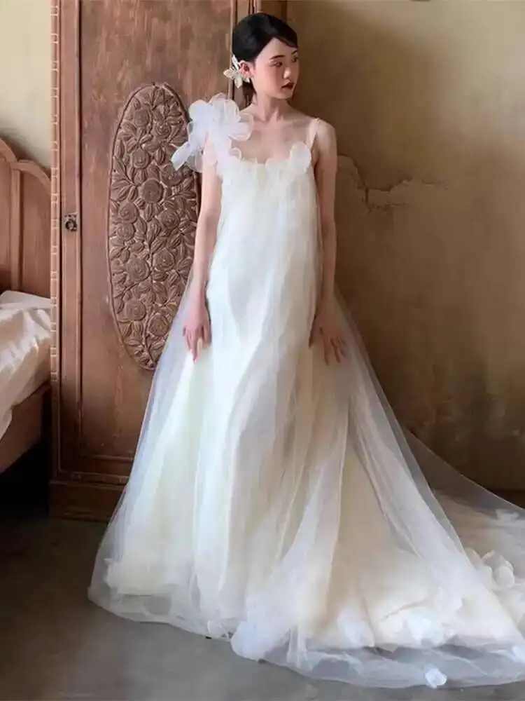 

French Light Wedding Dress, Super Fairy Forest Style Bridal Morning Gown, High-end And Niche Suspender, Backless, Trailing,