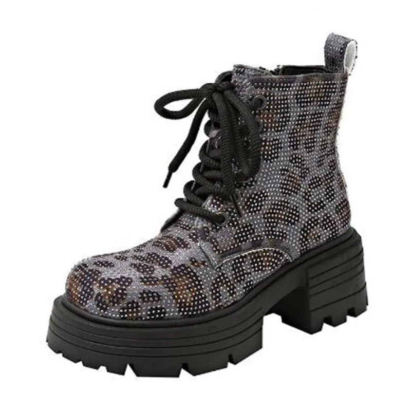 

Женские короткие сапоги с блестками и бриллиантами, осень-зима 202, роскошные модные ботинки на высоком толстом каблуке со шнуровкой, повседневная обувь для вечеринок на открытом воздухе