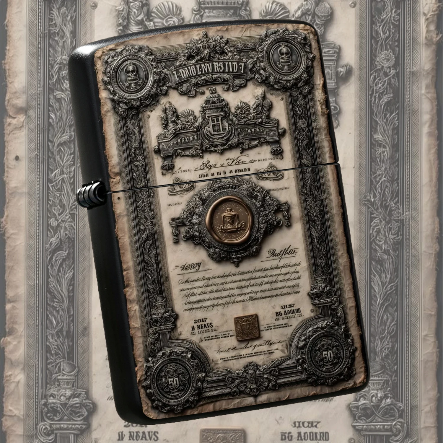 Vintage Ornate Engraved Collector Lighter Suitable For Daily Commute Outdoor Travel And All Scenarios Exquisite Embossed Emblem Decorated With Retro Wax Seal Mark Durable Portable Practical Perfect For Personal Use And Gifting To Show Disti