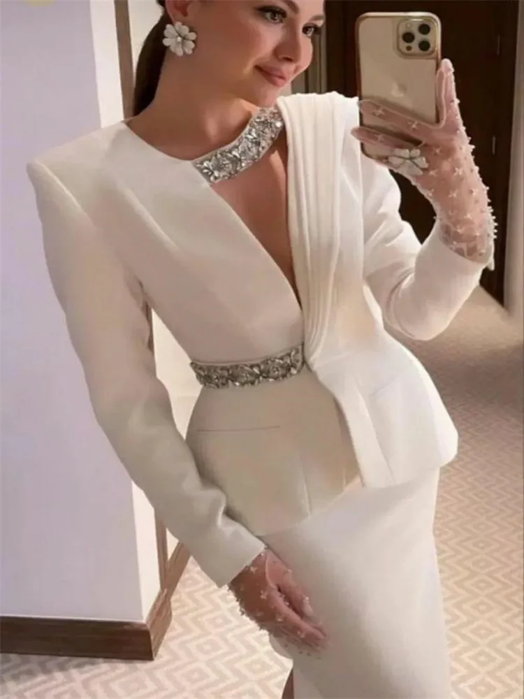 Robe de soirée à manches longues avec perles, robes formelles, robes de cocktail, Arabie saoudite, Dubaï, robe de Rh, veste, 2024