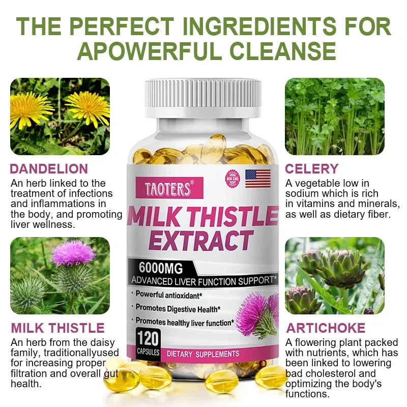 Milk Thistle Extract Capsules - Liver Detoxification and Cleansing Repair, Healthy Liver Function, Immune Support