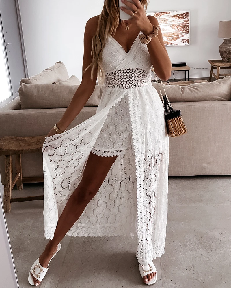 Summer V Neck Solid Color Lace Hollow-Out Sleeveless Sling Party Wear High Waist Rompers Holiday Casual White Women\'s Jumpsuit