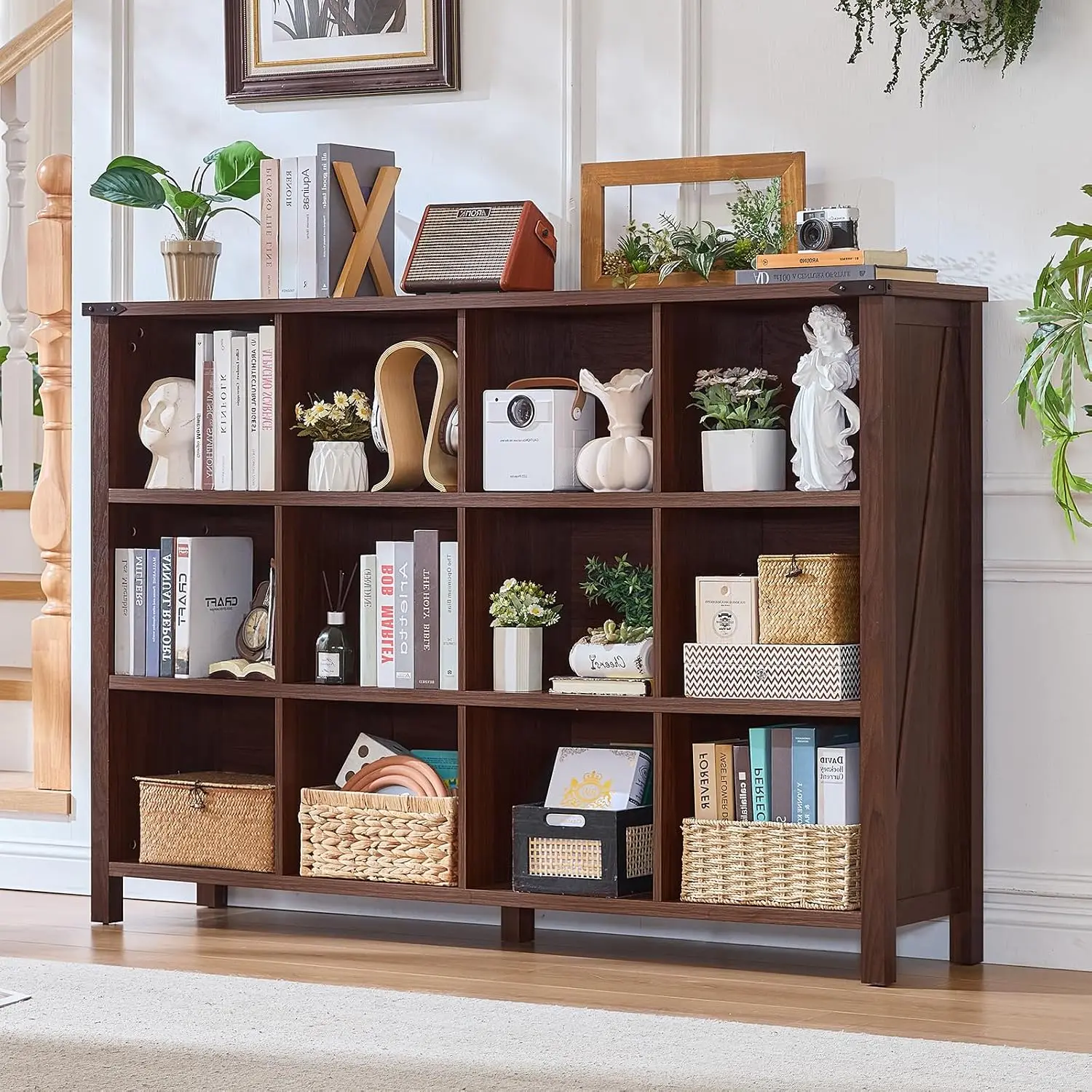 12 Cube Wooden Storage Organizer, 62 Inch Wide 3 Tier Open Bookshelf, Farmhouse Display Cabinet for Home Office, Customized