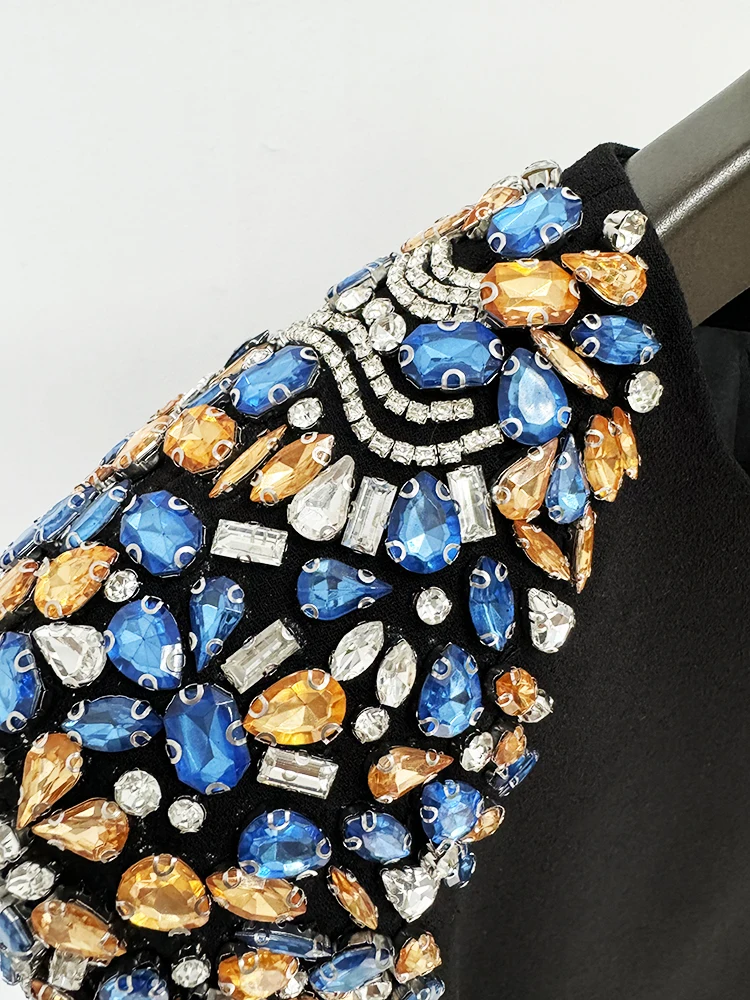 VC Luxury Beaded Dress Women's Long Sleeves Diamonds Crystals Round Neck Bodycon Cocktail Party Evening Gowns Vestidos