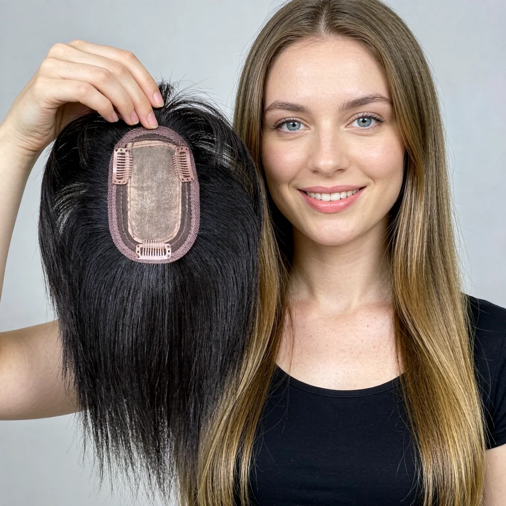 10 Inch Human Hair Topper for Women, 8x11cm Base Size Clip in Human Hair Topper Natural Straight Hair Pieces for Thinning Hair