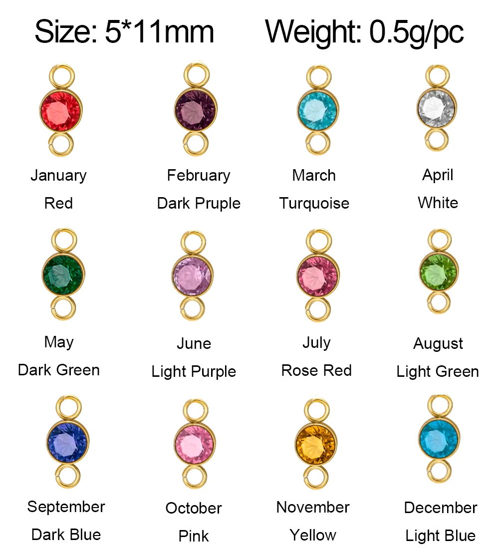 5 Stück/Set 5mm Geburtsstein-Anhänger mit 2 Löchern aus Edelstahl, Kristallanhänger für die Herstellung von Halsketten und Armbändern, DIY-Zubehör – Detail 1