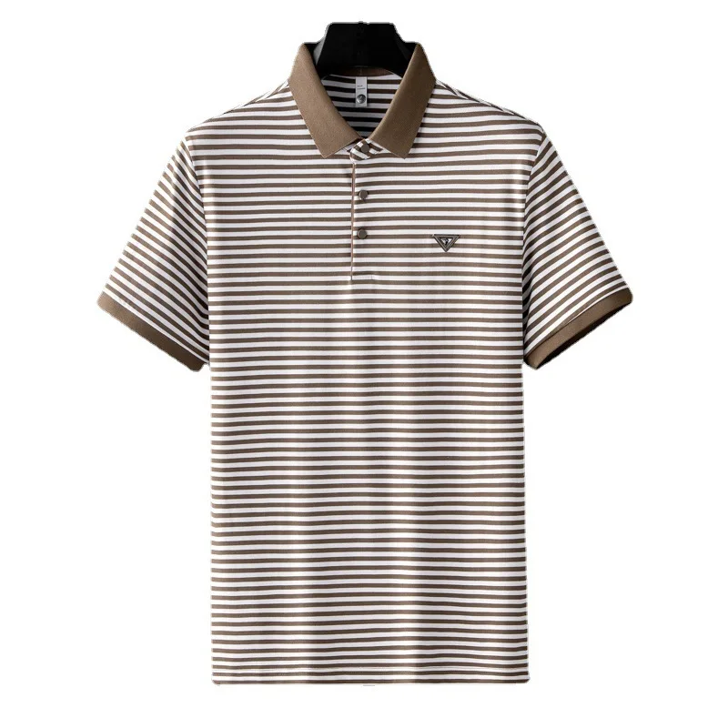 

Мужская летняя рубашка-поло из тонкого ледяного шелка в полоску с легкими бусинами, мужская облегающая футболка с короткими рукавами, деловая повседневная универсальная футболка с лацканами