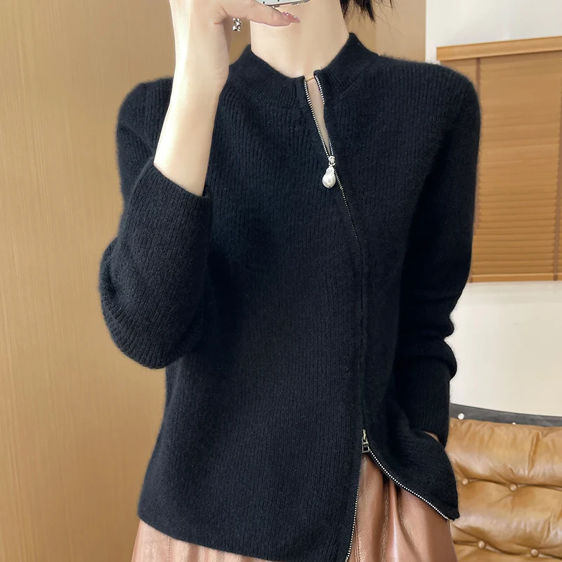 Fashion Women Diagonal Zipper Cardigan Cashmere Long Sleeves Sense 100% Merino Wool Sweater Clothing Top Casual Solid Color