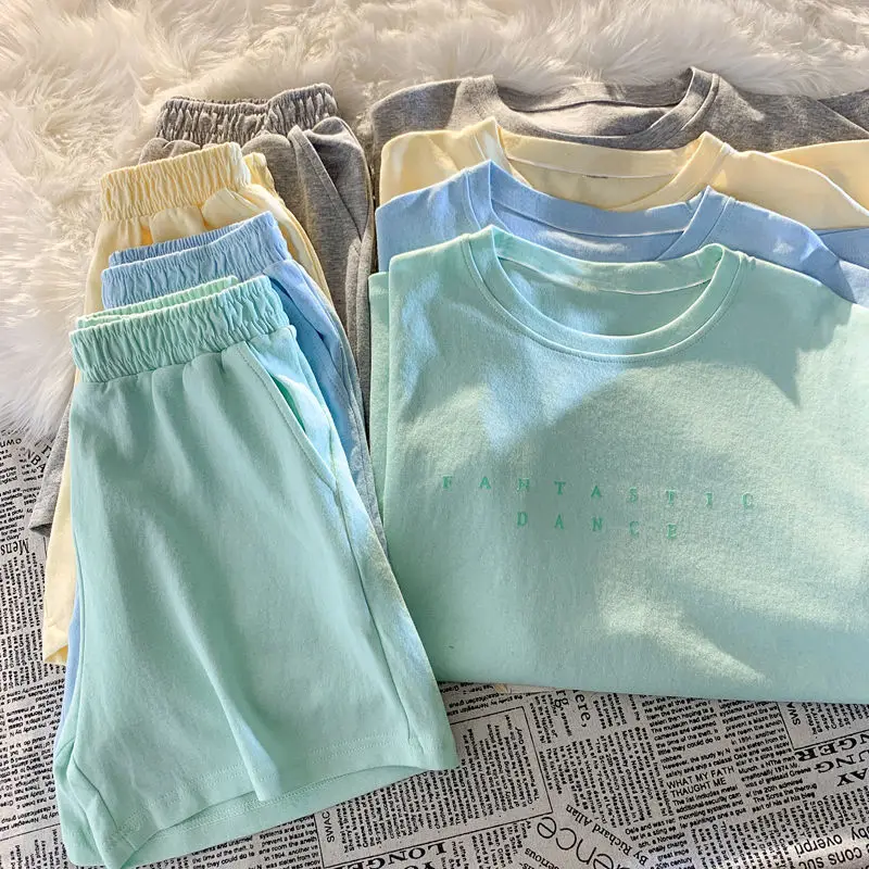 

Shorts Suit Summer Cotton Suit Women Casual Two-piece Short-sleeved T-shirt And High-waisted Shorts Solid Color Suit Sports Suit