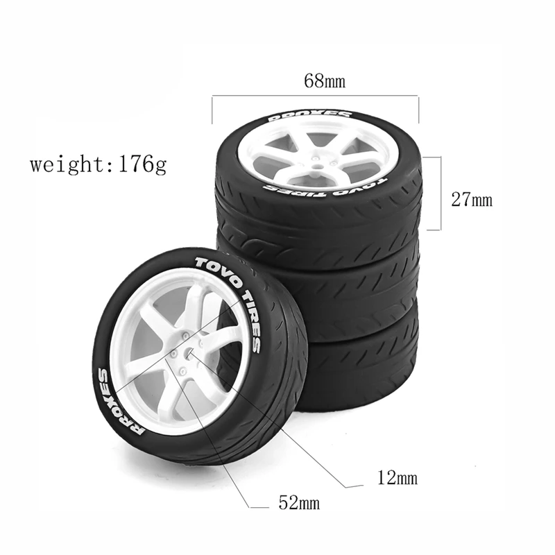 4PCS 1/10 RC Racing Car Tires On Road Touring Drift Car Tyre Wheel For Tamiya TT01 TT02 TA06 XV-01 PTG-2 Parts White