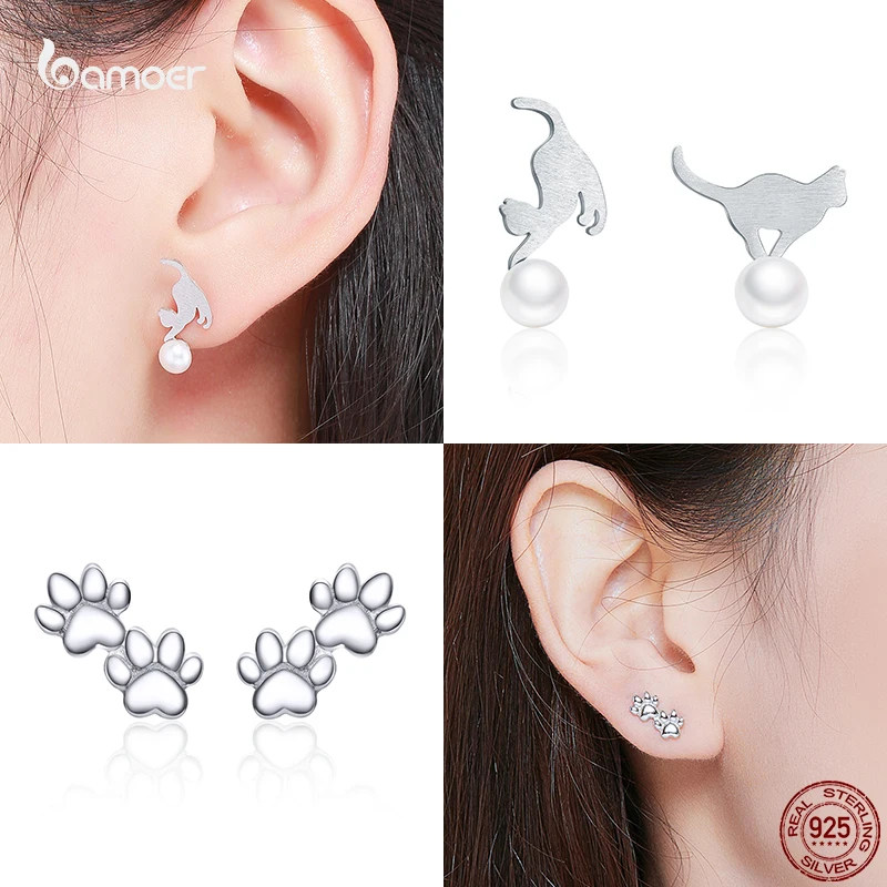 Bamoer Genuine 925 Sterling Silver Simple Animal Cat Rabbit Stud Earrings Cute Claw Piercing Ear Studs Fashion S925 Jewelry Gift