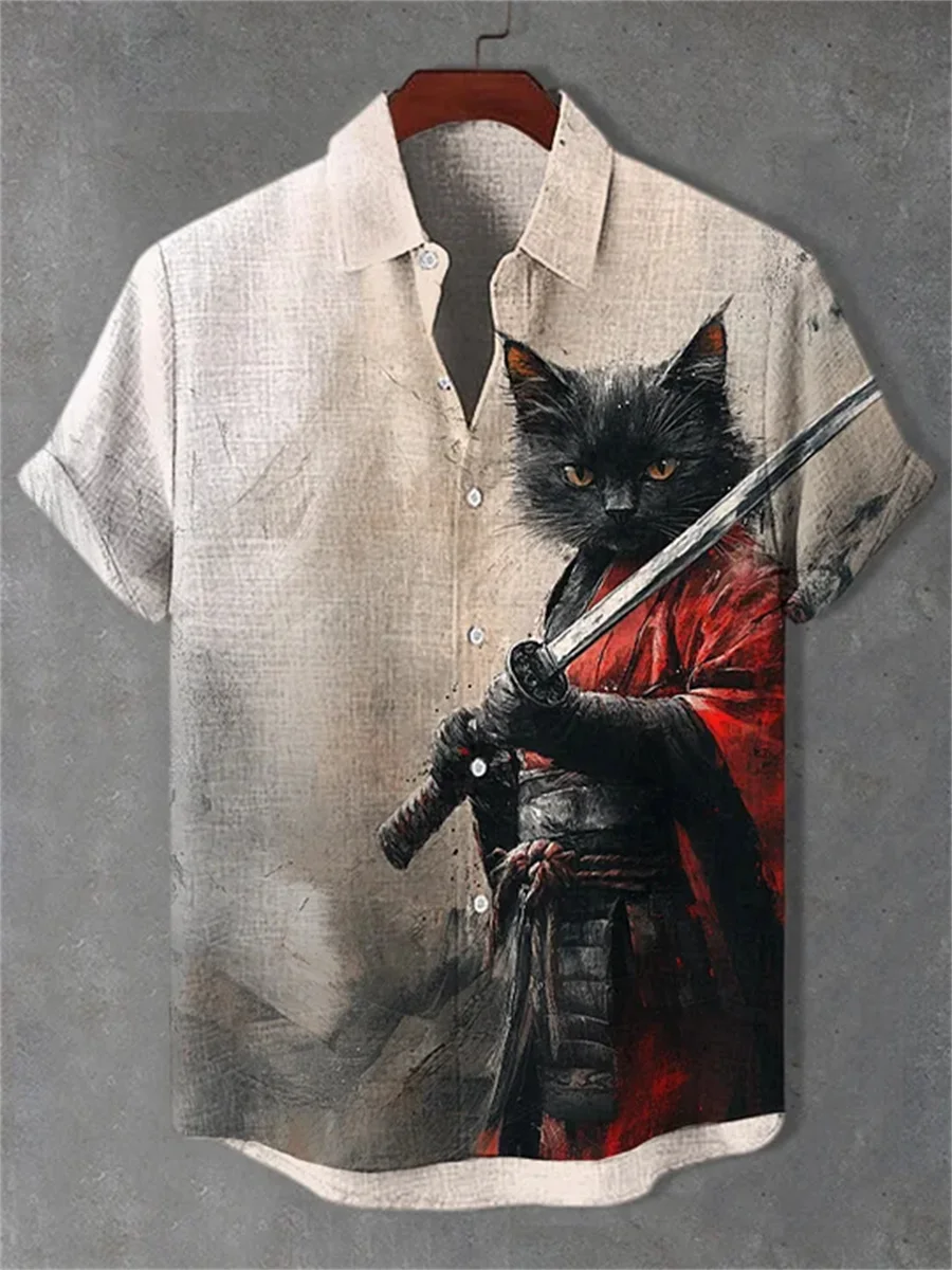 Men's short-sleeved shirt with cat print, collared men's top, outdoor beach casual trendy loose-fitting shirt, Hawaiian shirt.