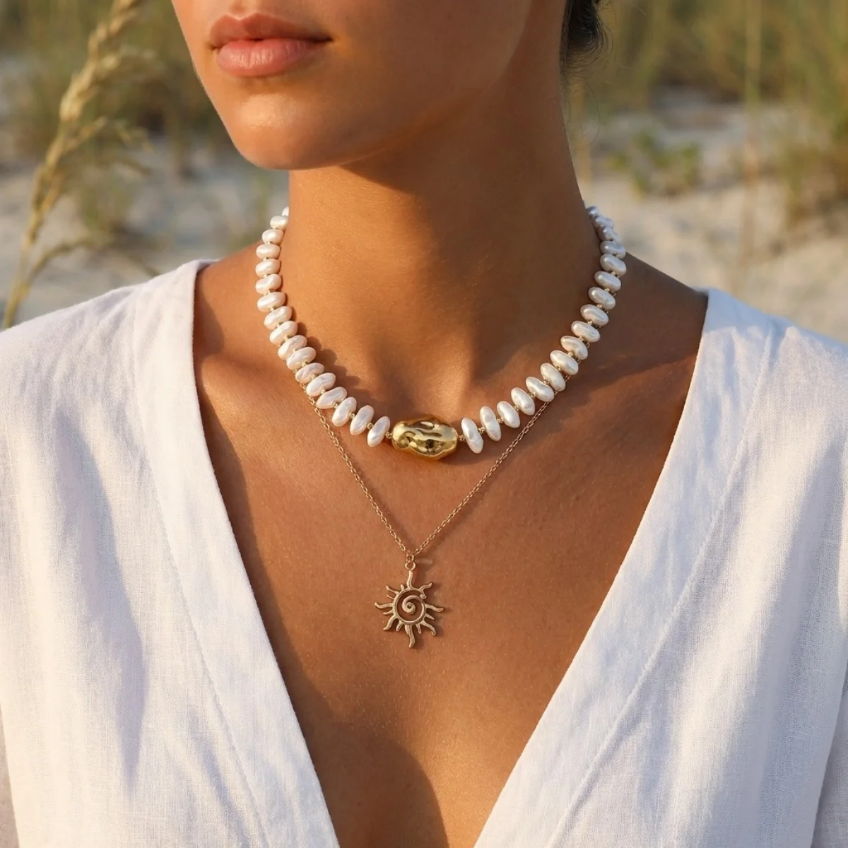 Baroque Irregular Imitation Pearl Sun Pendant Stackable Necklace For Women Men Elegant Sunflower Clavicle Chain Choker Jewelry