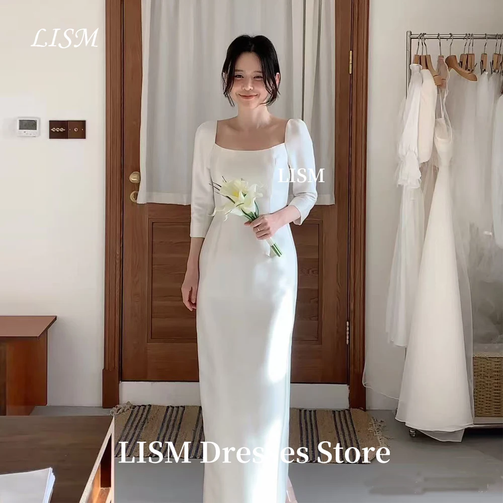 

LISM Boat Neck Mermaid Elegant Korea Wedding Dresses Long Sleeves Silk Satin Bridal Gowns 웨딩드레스 Customized Corset Photo Shoot
