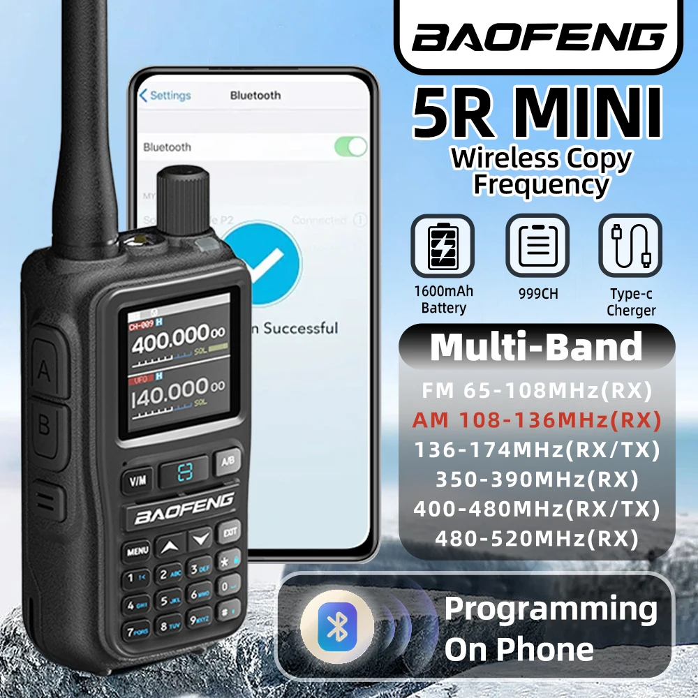2PCS  BAOFENG Walkie Talkie UV-5R Mini Dual PTT Multi Band Bluetooth Programming Rx 5WCompact VOX FM Amateur Radio Type-C Charge