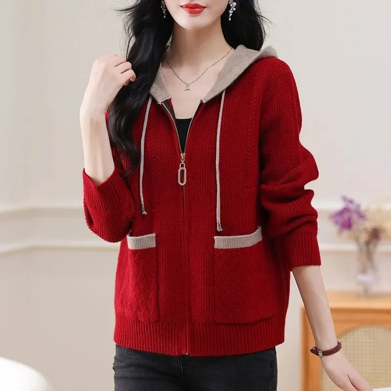 

New Autumn high-grade Women Cardigan Sweater Jacket Korean Loose Zipper Hooded Casual Cashmere Knitted Cardigans Ladies Sweater