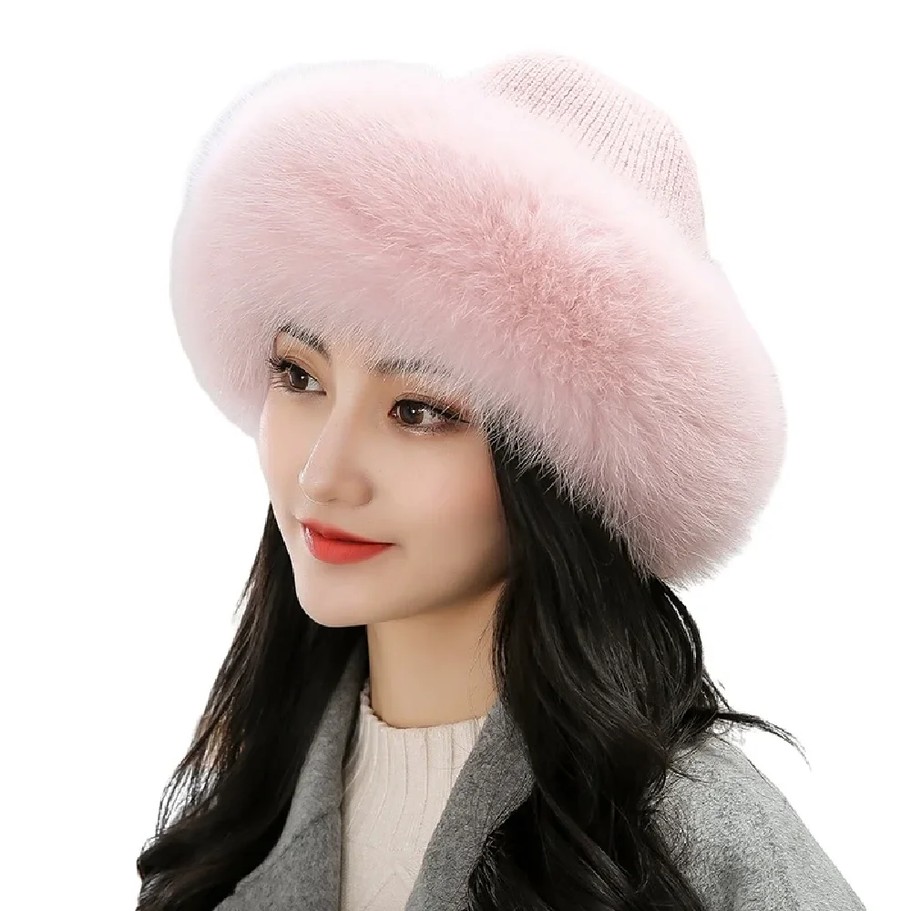 Real Fox Fur Hat Women Winter Warm Wool Beanie Cap Pink Black Biege Grey White