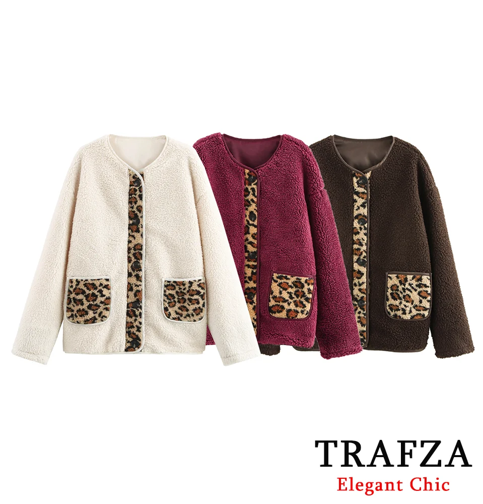 TRAFZA-Women Casual Fleece Loose Coat Leopard Splicing Buttons Pockets Coat New 2024 Fall Winter Fashion Vintage Y2K Coat