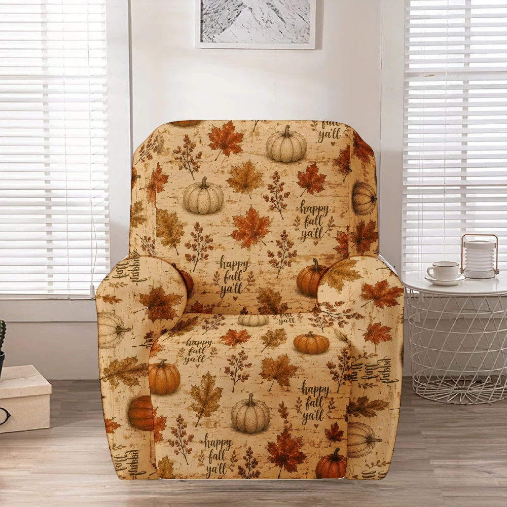 Vintage Wood Grain Maple Leaf Pumpkin Recliner Chair Cover Stretch Spandex Recliner Slipcover Happy Fall Y'all Farmhouse Decor