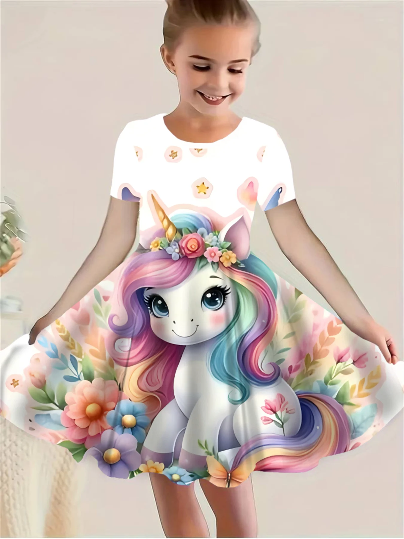 Girls Floral Unicorn Print Dress, Short Sleeve Garden Flower & Butterfly Pattern Skirt, Children Summer Casual Clothing