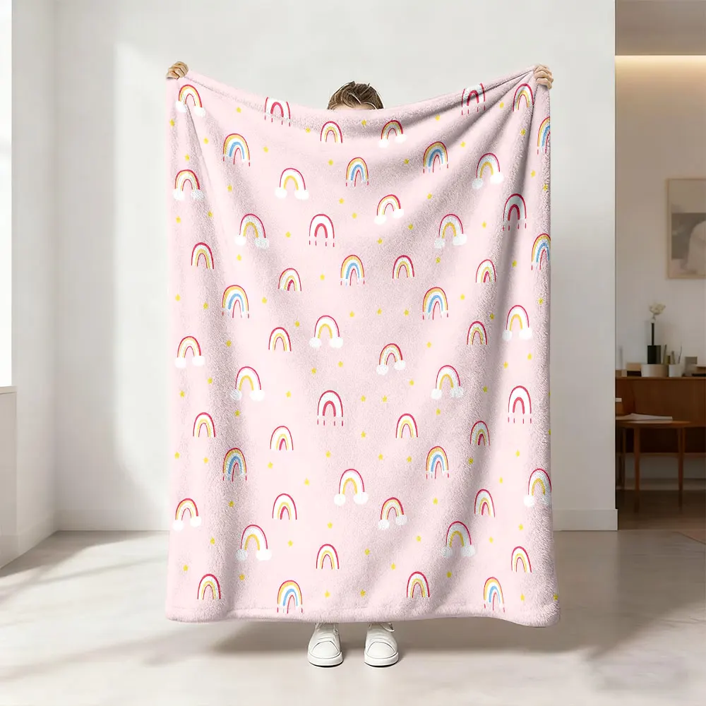 230G Flannel Fleece Blanket Rainbow Pink Background Print Cozy Warm Blanket for Girls Bedroom