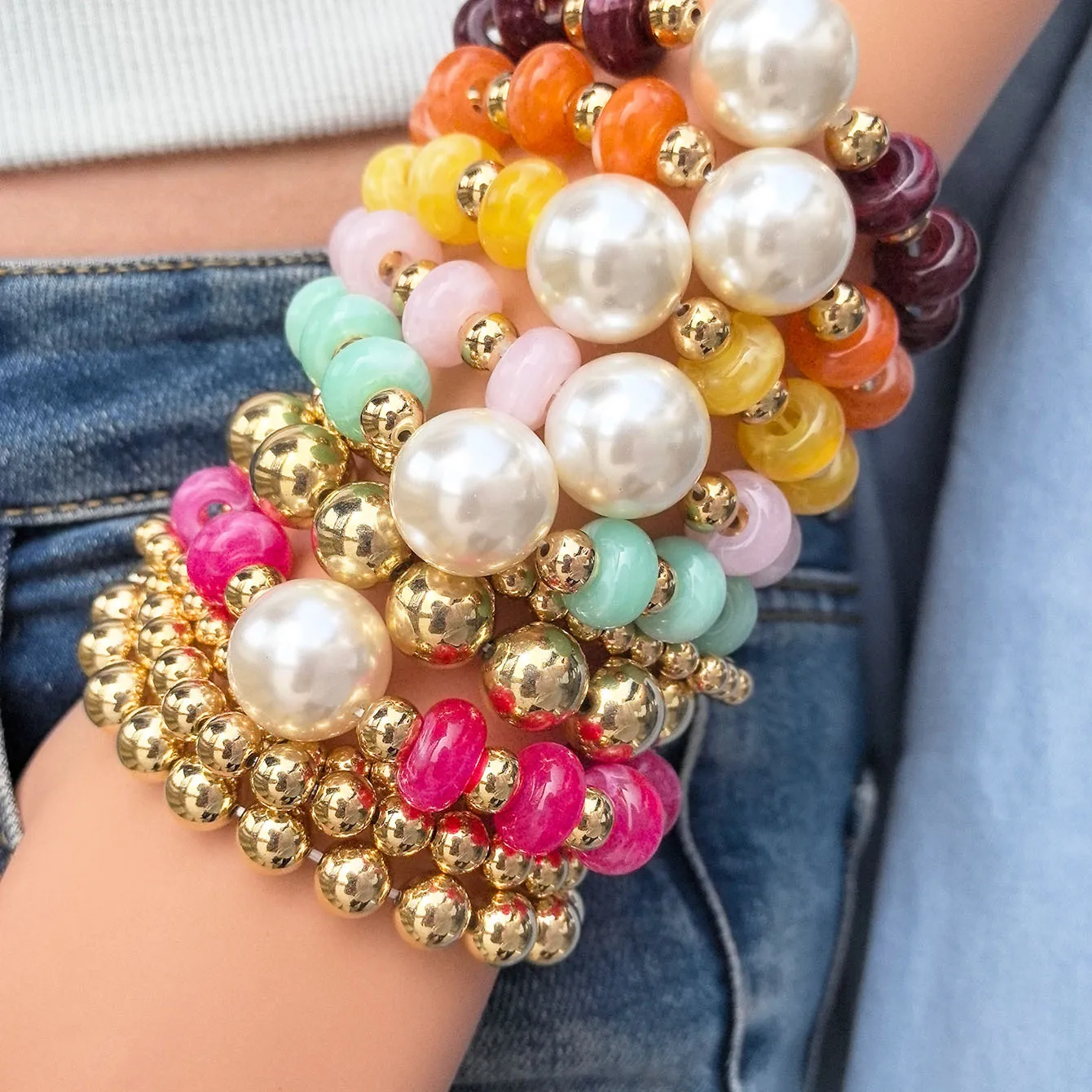 

6PCS Bohemian Multilayer Beaded Bracelet Women Colorful Resin Pearl Gold Bead Stretch Bracelet Stackable Hand Jewelry Dopamine